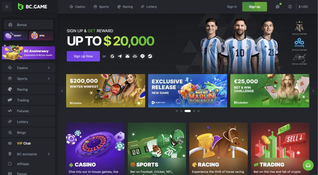 BCGame casino main page