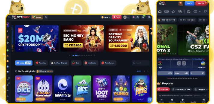 Casino games section with Dogecoin cryptocurrency