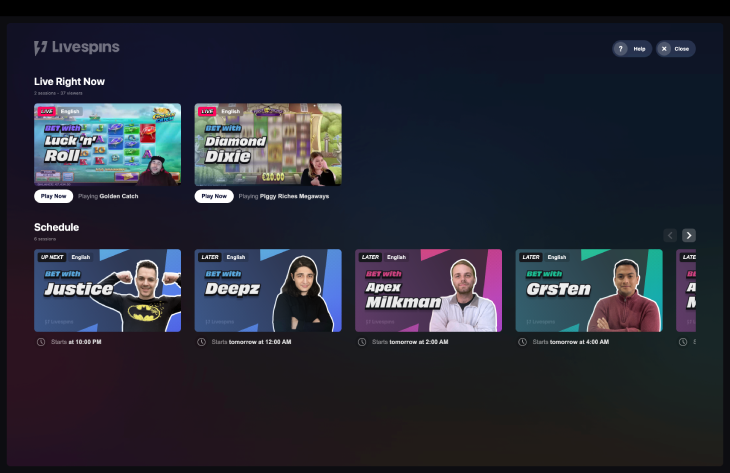 Streamers lobby at Livespins