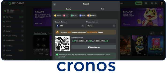 Deposit at BCGame casino using Cronos cryptocurrency